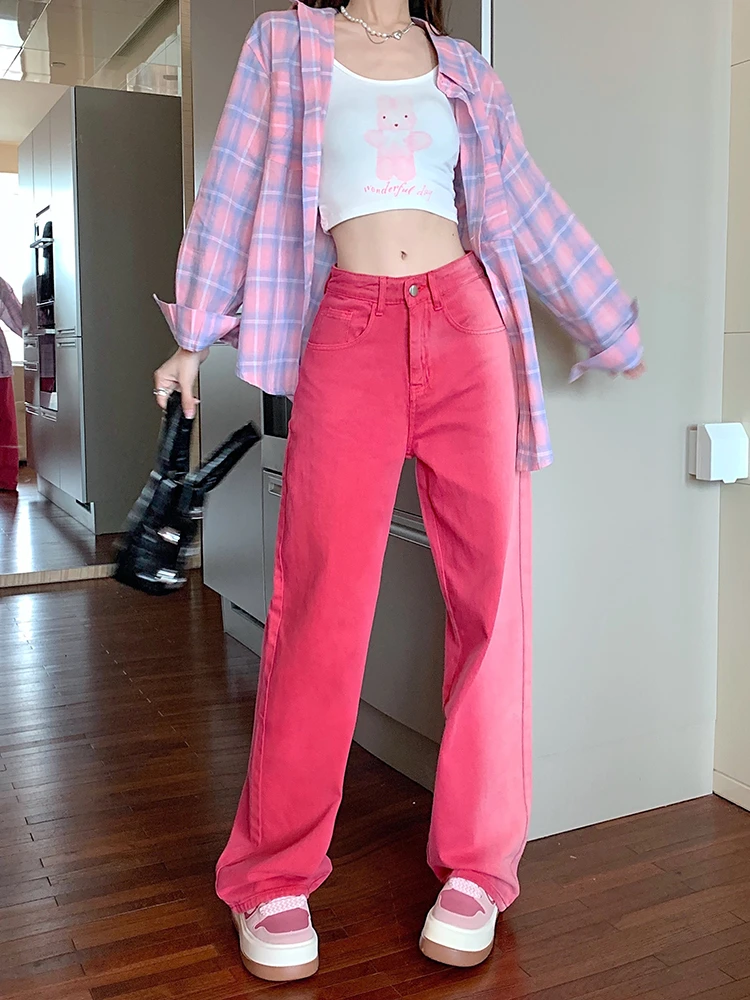 Pink Gradient Retro Jeans Women Design Style American Y2K Spice Girls Straight Leg High Waisted Wide Leg Pants 2023 Oversized