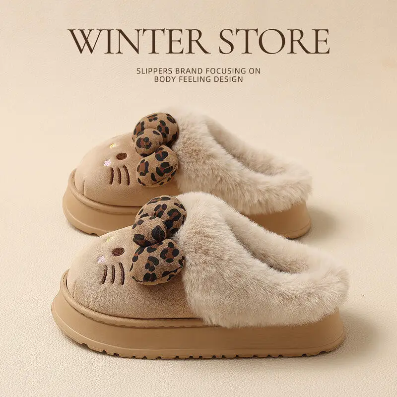 Cartoon Plush Cotton Slippers San-rio Hello Kitty Anime Women's Winter Warm New Anti-Slip Wear-Resistant Thick Sole Home Shoes gallery 4