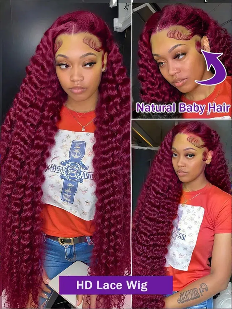 250% Density Burgundy 13x4 HD Lace Frontal Human Hair Wig 99j Water Wave Deep Wave Colored Wigs Brazilian Human Hair  Lace Wigs image 2
