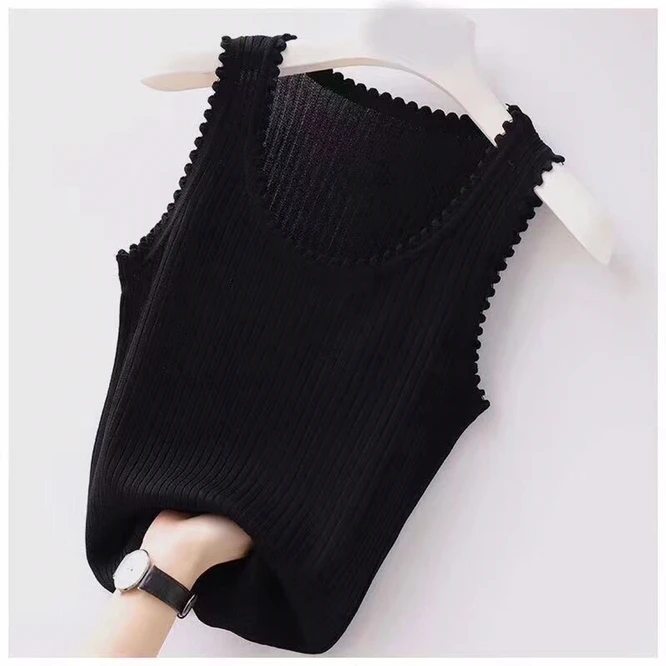 2022 Spring Autumn Suspender Vest New Knitted Inner Bottom Shirt Fashion Sleeveless Short Top Pullover Round Neck Vest Pink