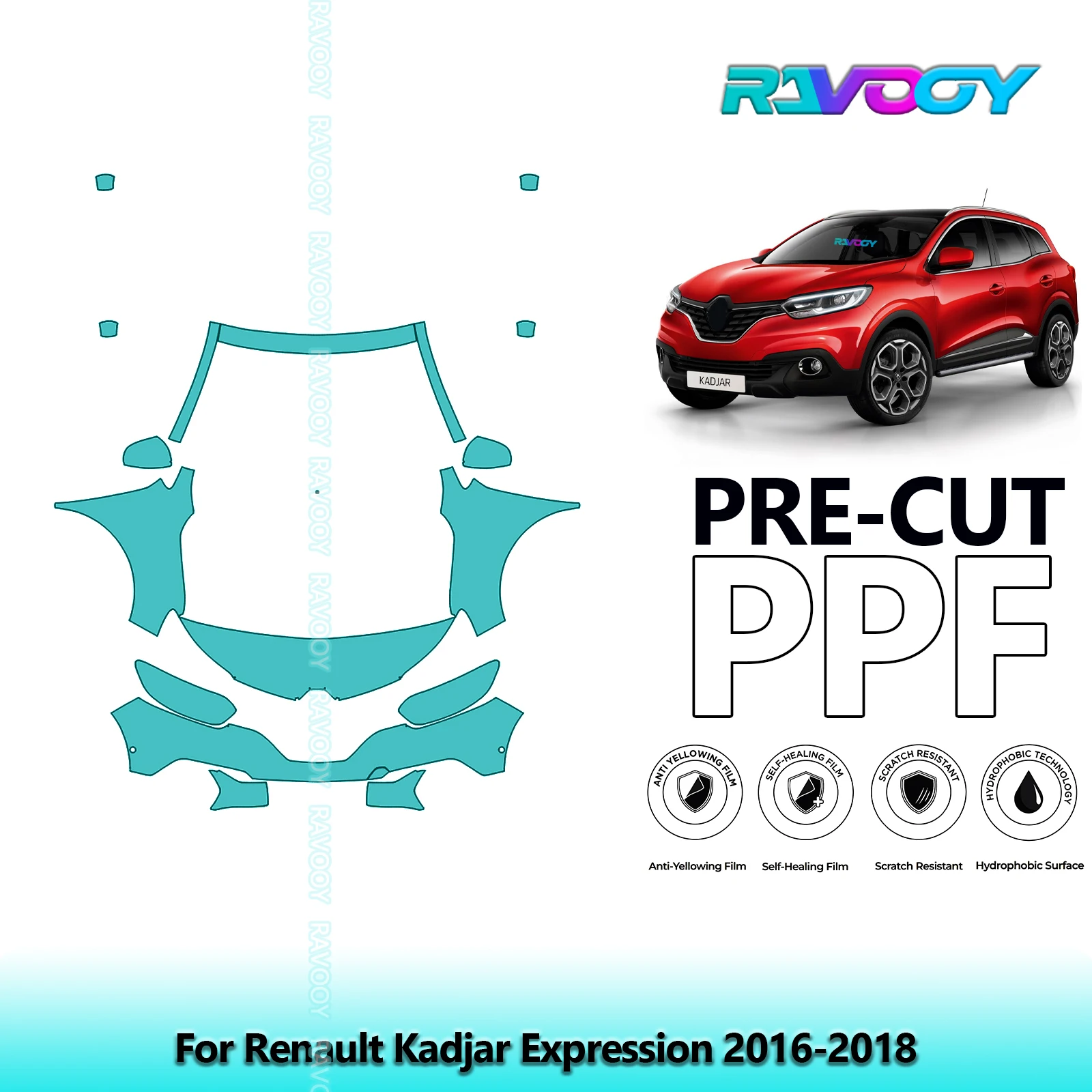 For Renault Kadjar Expression 2016-2018 Partial Front 8.5Mil Pre-Cut Paint Protection Film PPF Clear Bra Kit | Clear/Matte/Black