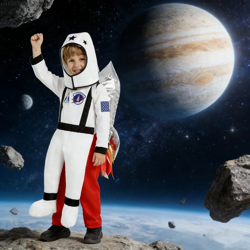 

Enfant Space Theme Suit White Astronaut Costume with Accessories Fancy Dress Up World Book Day Stage Performance Outifts