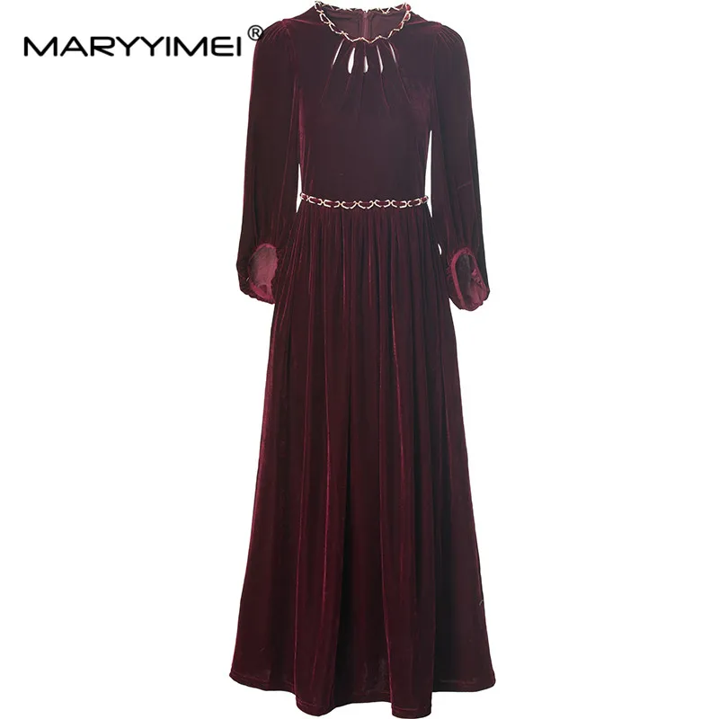 

MARYYIMEI Autumn Women's Dress Half-Sleeved Fashionable Hollow Out Beading High waist High-End Temperament Midi Dresses