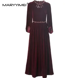 MARYYIMEI Autumn Women's Dress Half-Sleeved Fashionable Hollow Out  Beading High waist High-End Temperament Midi Dresses