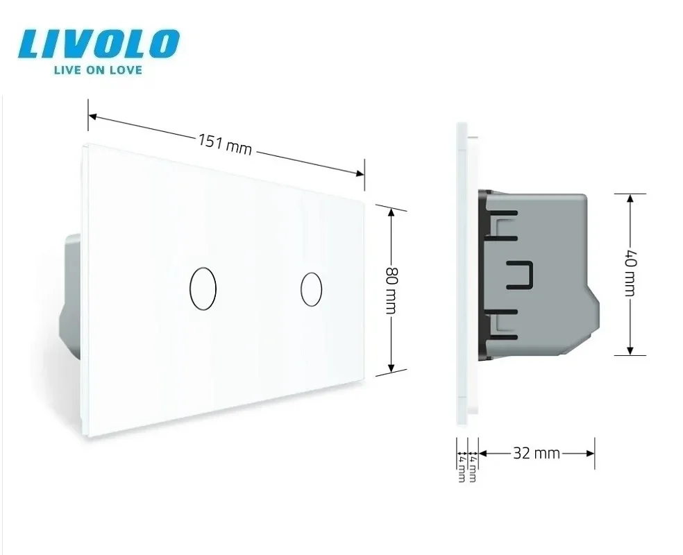 Livolo Fashion Wall Switch 2 Gang 1 Way Touch Screen Control, Tempered Glass Panel, Light Wall Home Switch,VL-C701/C701-11