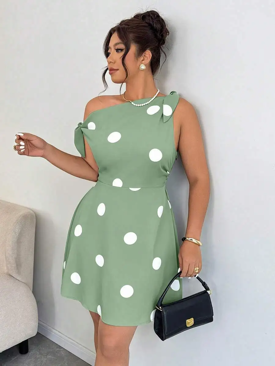 

Elegant Polka Dot One Shoulder Bowknot Waist Cinched Asymmetric A-Line Mini Dress