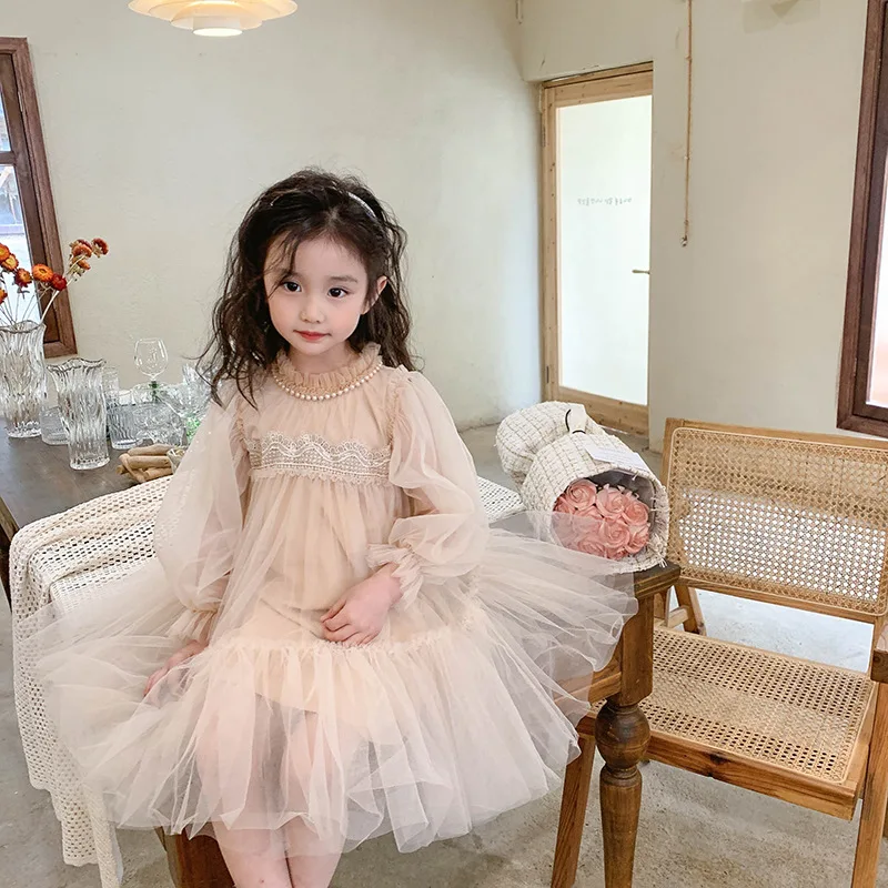 Abito da principessa per bambina in stile coreano con colletto tondo abiti da festa con maniche lunghe in rete di pizzo per abbigliamento per