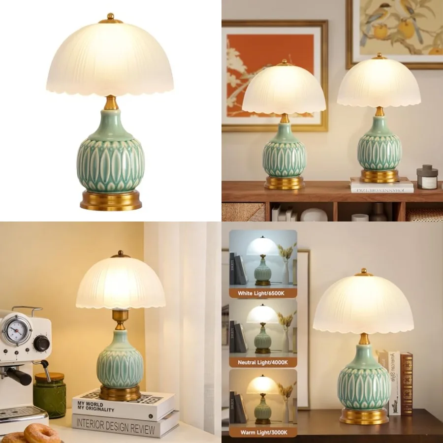 

Table Lamps Ceramic Lamp for Living Room, 15.7" Modern Bedside Nightstand Traditional Lamps, Classic Chinoiserie Green Glass La