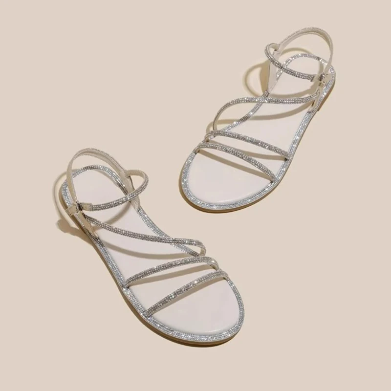 Female Sandal Buckle Strap Flat Summer Shoes Woman Clear Heels Girls Rhinestone Without Beach Retro Gladiator Outside 2024 Rome