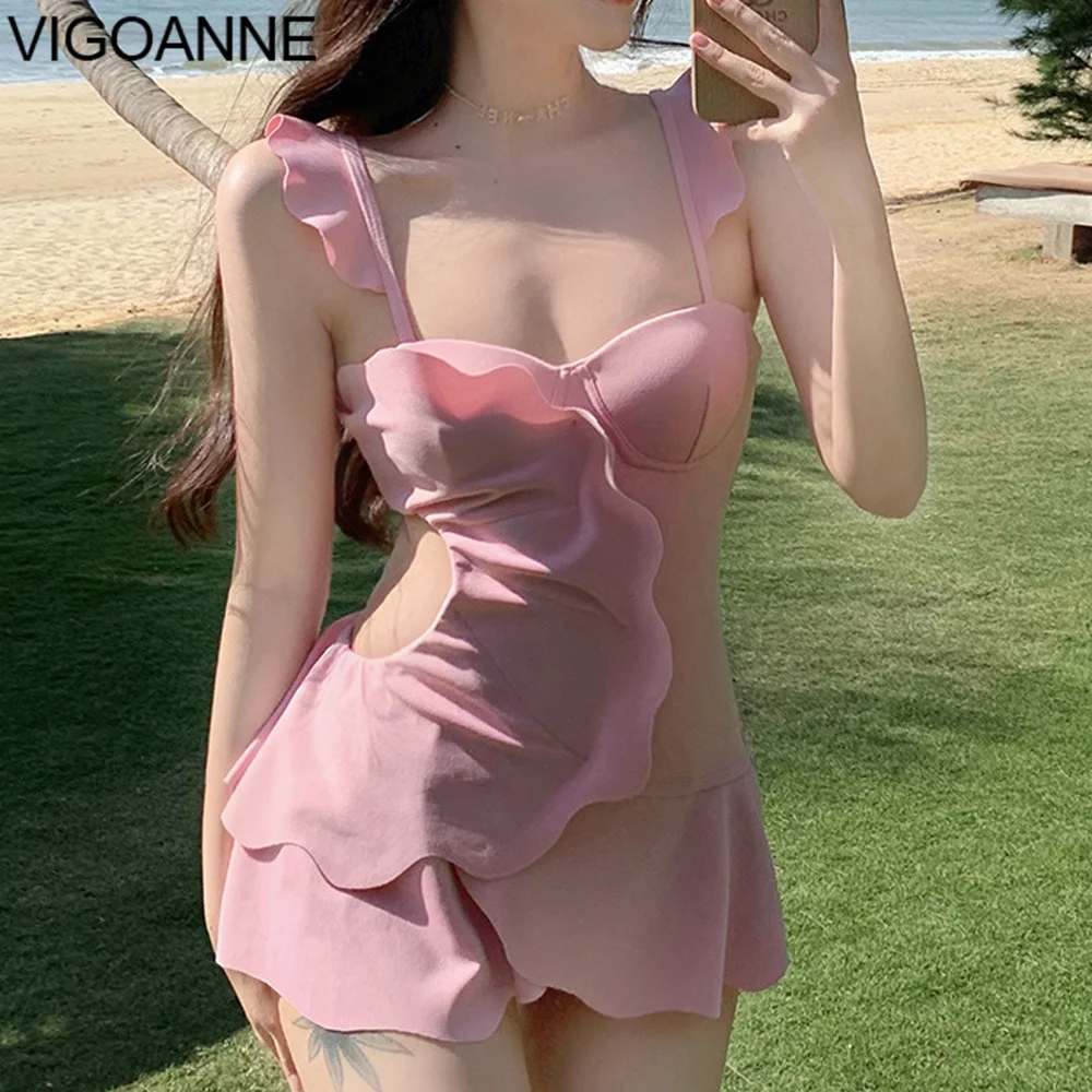 VigoAnne Pink Verge Dress Swimwear Women 2025 Strapped Hollow Push Up One Piece Swimsuit Korean Monokini Backless Bathing Suit