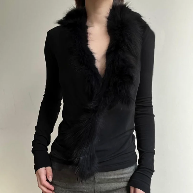 Faux Fur Collar Splicing Black Long Sleeve Tops Fall Winter Women Clothing Casual Sweater for Woman w1120