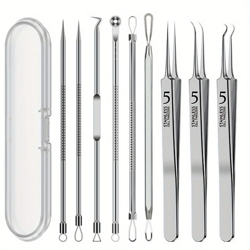 Ensemble d'outils d'extraction de points noirs et de points noirs, rangement pratique, outils d'extraction de boutons et de imperfections en acier inoxydable 9 pièces
