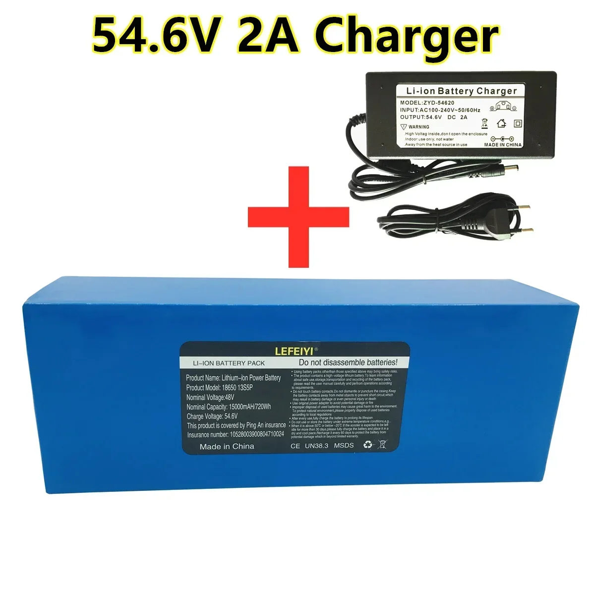 13S5P 48V 15Ah 18650 Lithium Battery Pack 1000W for Electric Commuting Devices with 54.6V 2A Charger