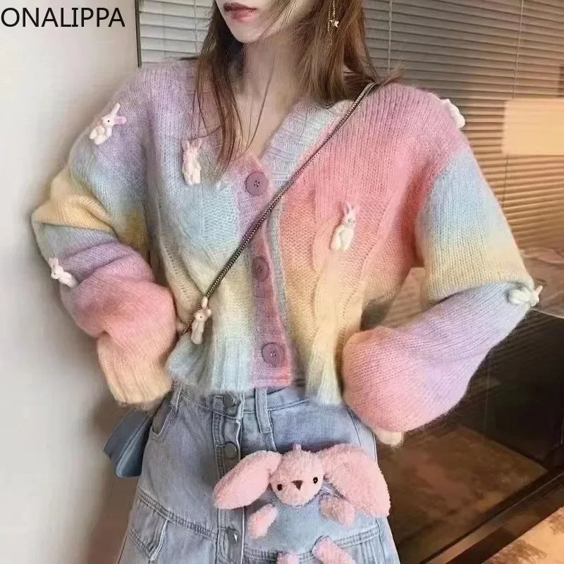 Onalippa Rainbow Color Contrast Sweet Knitted Cropped Cardigan Three Dimensional Rabbits Cardigans Slouchy Style Loose Sweater