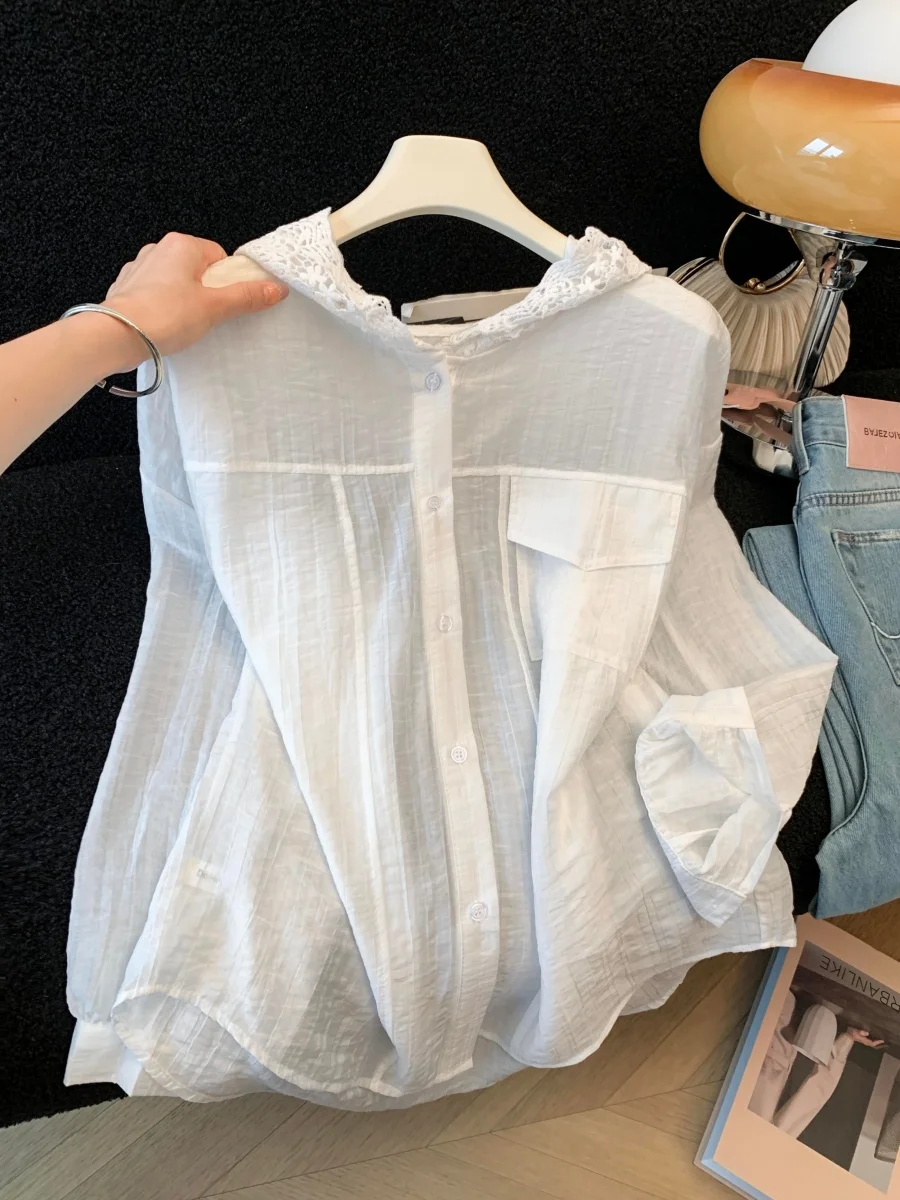

Lace Long Sleeve Loose Women's Shirt Hooded Sun Protection Summer 2026 New Style Commute Korean Version Versatile Outerwear