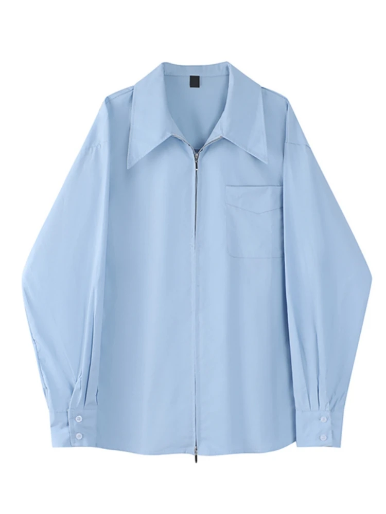 Blauer Reißverschluss Long Sve irt Damen Design Sensation Frühling Herbst Baumwolle Straight Cut Japanische SLE-Kragen-Bluse