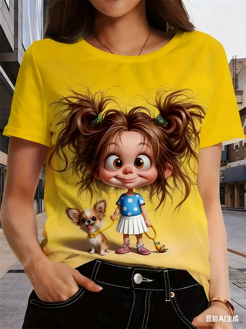 

Cartoon Girl and Dog pattern Girl 3D Print Women's T-shirt Tops Fashion Spring Summer Autumn Daily Casual Loose Women's Clothing
