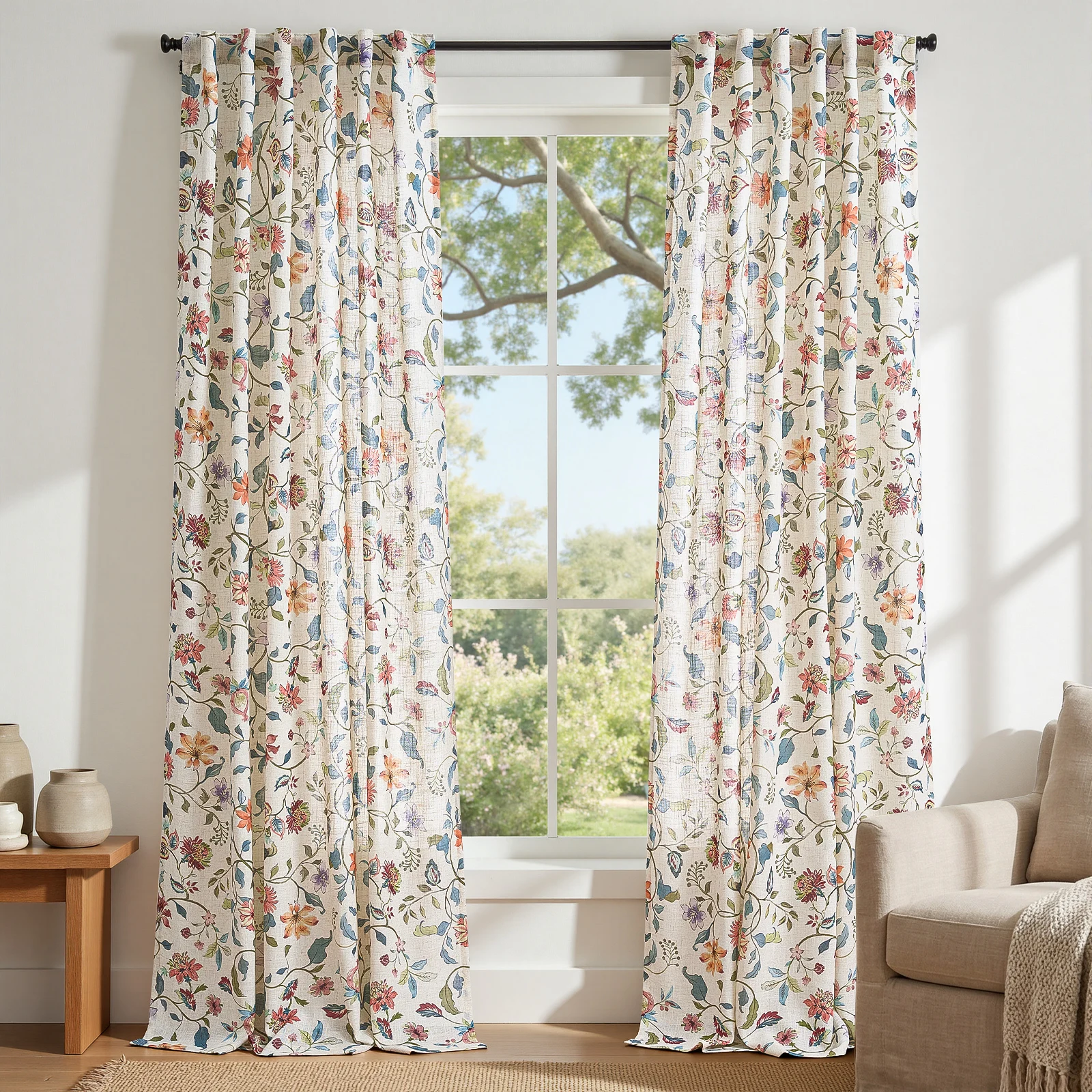 Botanical Floral Print Curtains for Living Room Bedroom, Rustic Linen Texture Window Drapes, 2 Panels Set