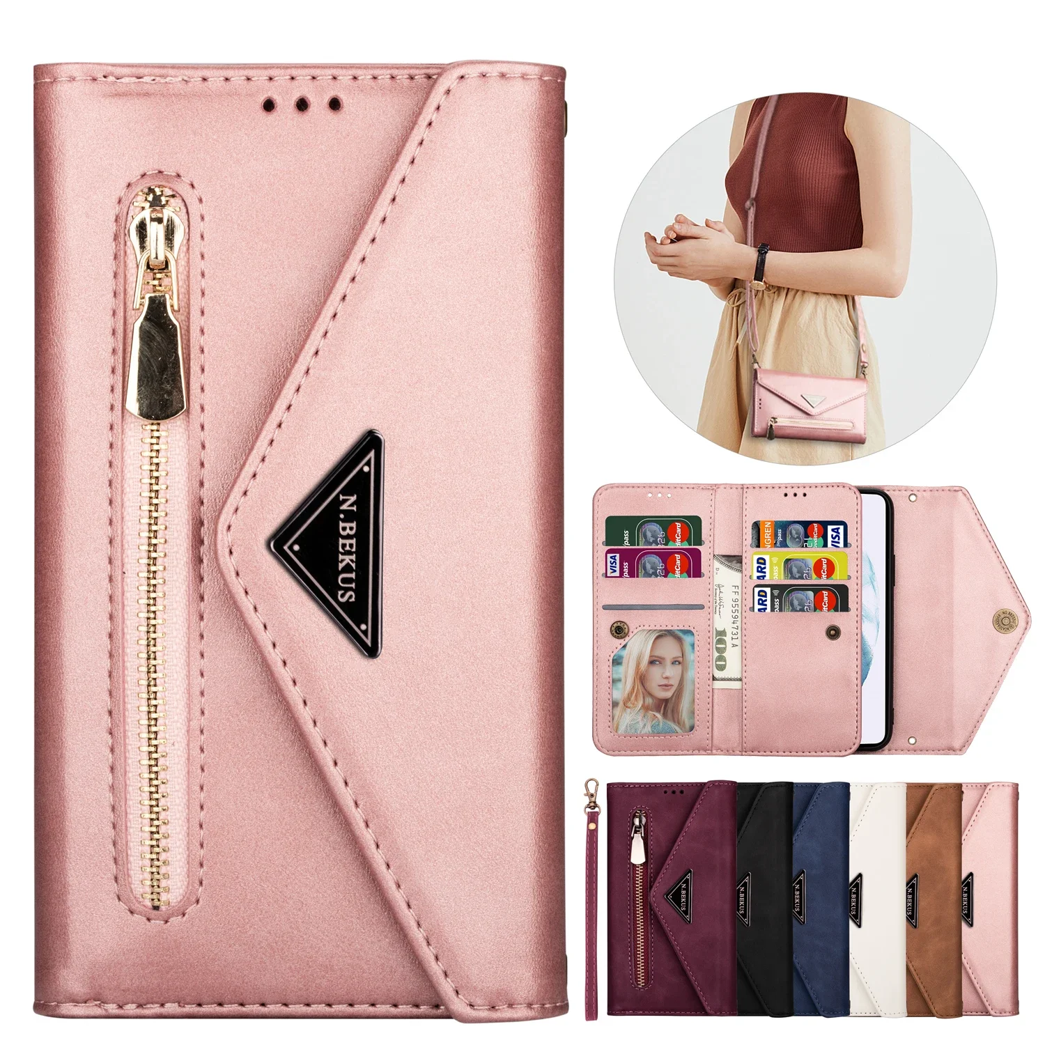 Zipper Wallet Leather Cards Solt Case For Samsung Galaxy S23 S24 Ultra S22 Plus S21 FE S20 A15 A55 A52 A35 Crossbody Strap Cover