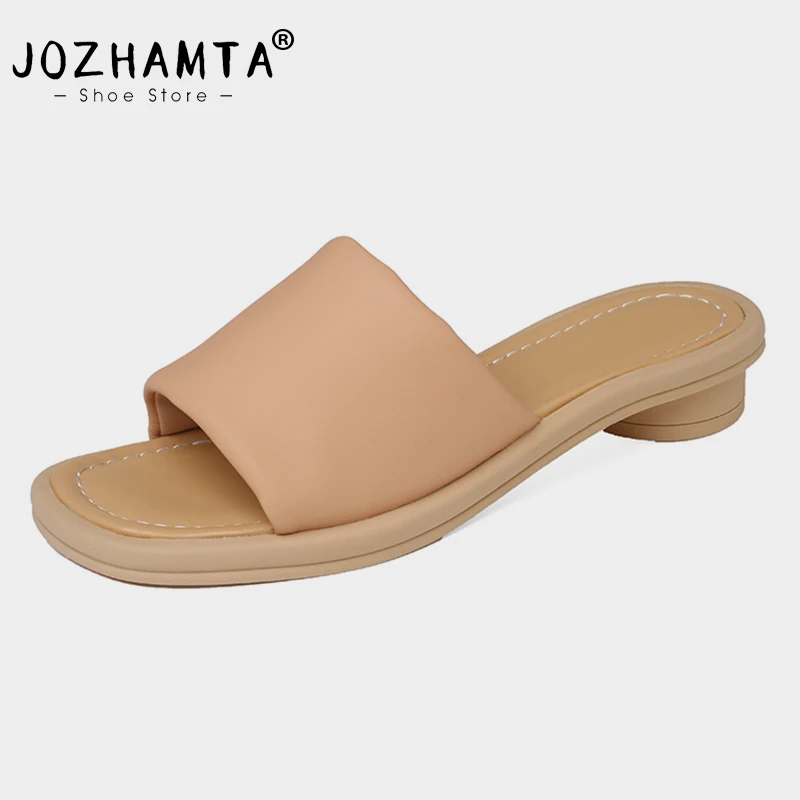 JOZHAMTA-Chinelos femininos de couro genuíno, slides de salto baixo, sapatos casuais para casa, sandálias da moda verão, tamanho 33-40, 2023