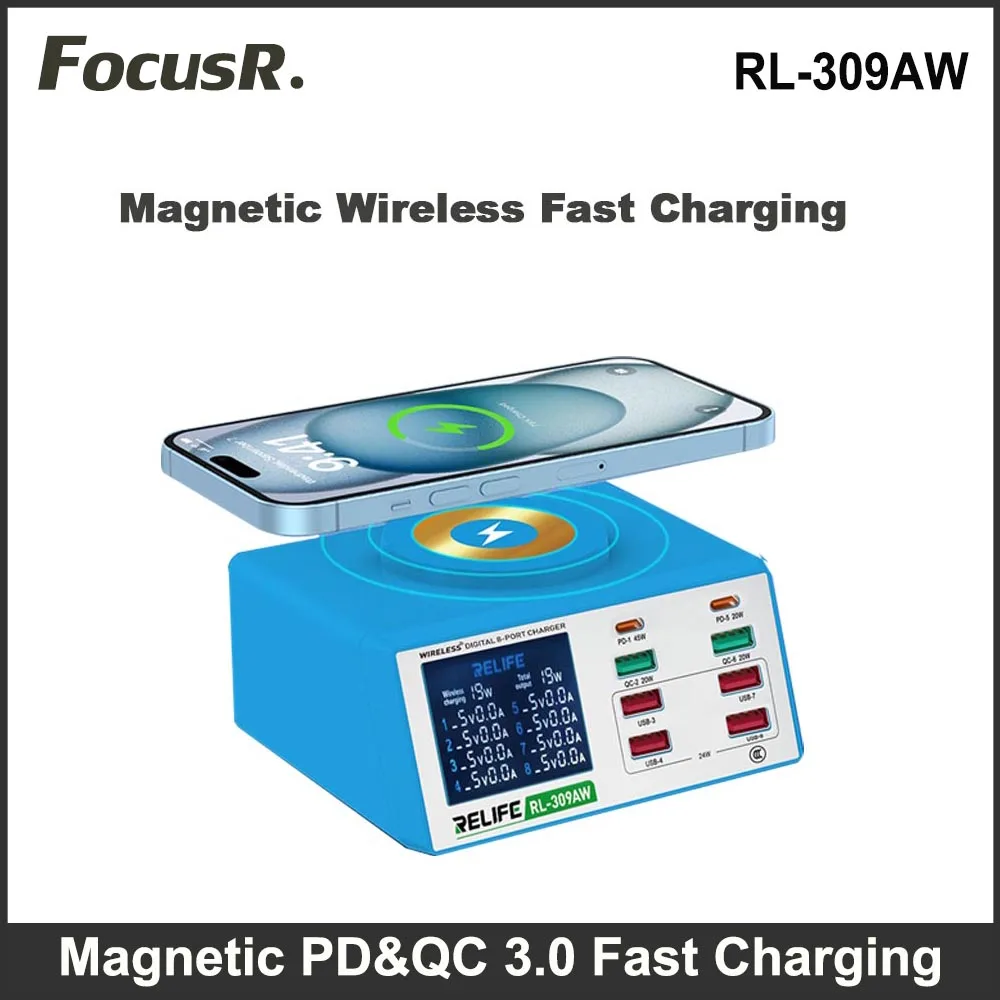 RELIFE RL-309AW Magnetic Wireless Charging for iPhone Macbook Magsafe PD QC3.0 8 Ports USB Fast Charging Station Digital Display