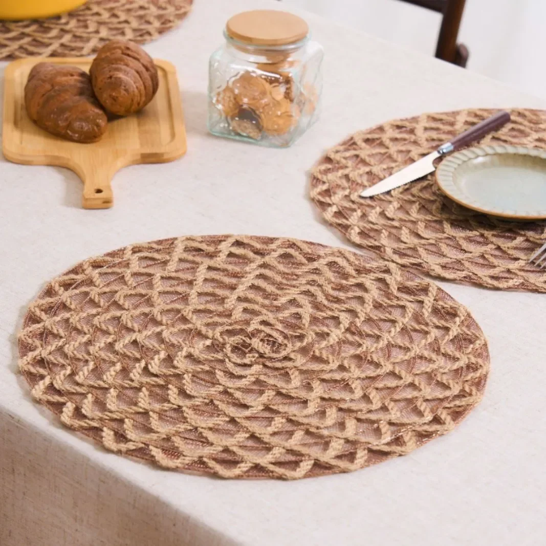 Rural Style Hollow Table Mat Woven Hemp Rope Placemat Insulation Heat-resistant Decoration Plate Mat for Kitchen Dining Table