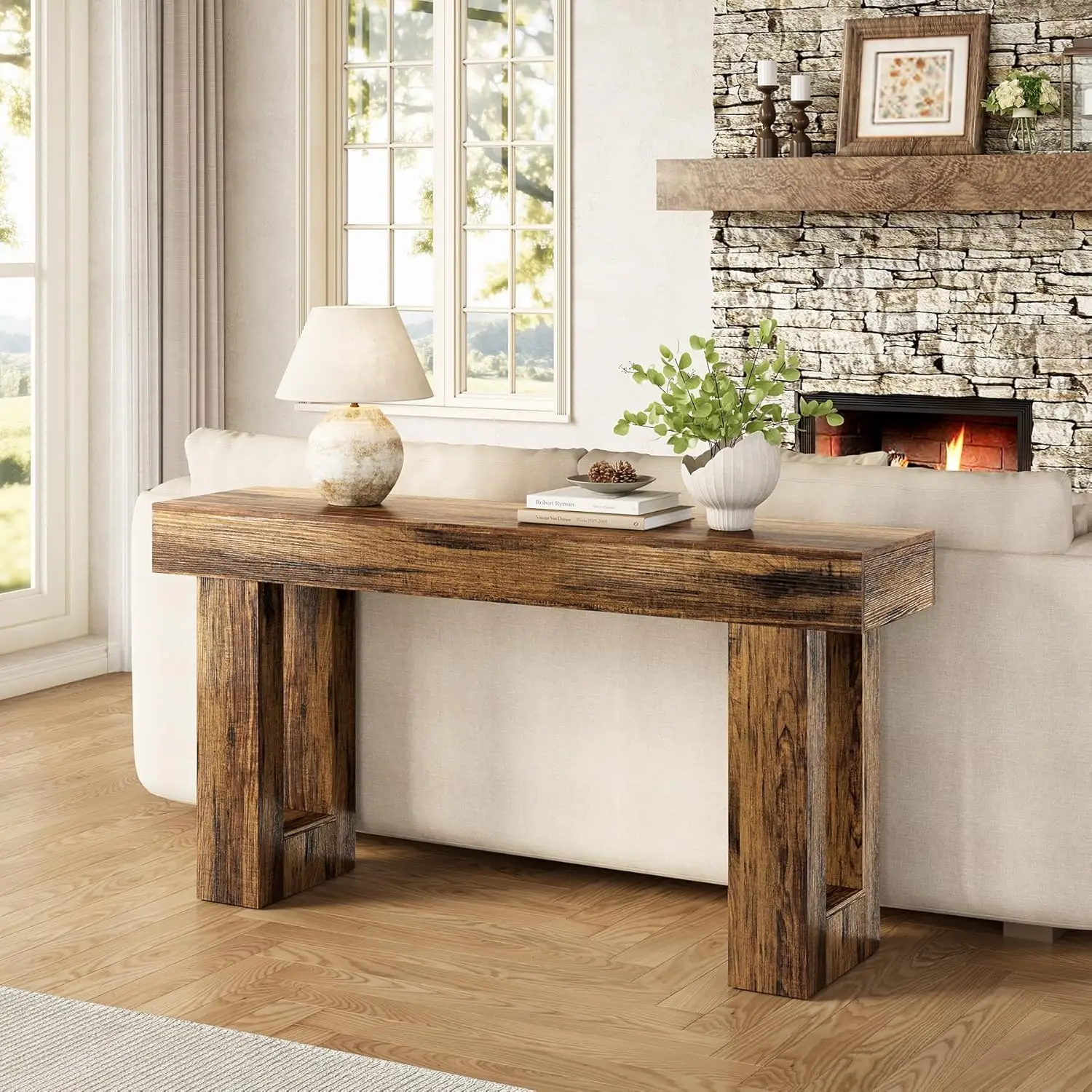 طاولات وحدة تحكم طويلة 63 بوصة من LITTLE TREE للمدخل، طاولة أريكة كبيرة خلف الأريكة، طاولات أريكة لغرفة المعيشة، بني ريفي #4