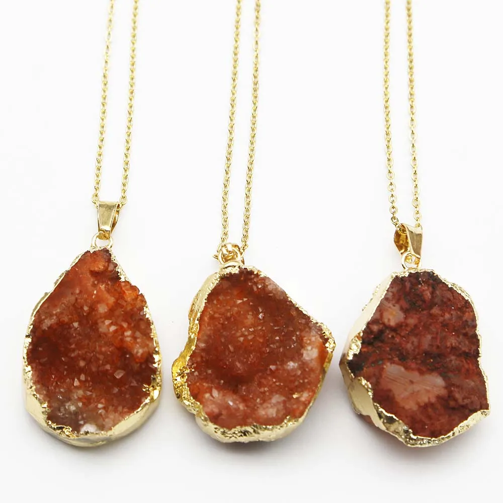 

Natural Raw Ore Stone Druzy Orange Irregular Onyx Agate Gilt Edge Pendant Stainless Steel Chain Necklace Charm Jewelry Gift 4Pcs