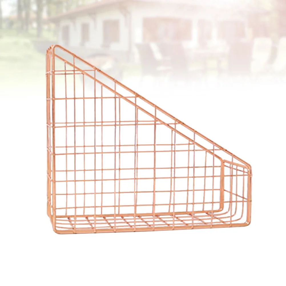 

File Metal Storage Basket Rose Golden Compact Book Magazine Holder Organized Desktop Decorative Basket for Office Home School