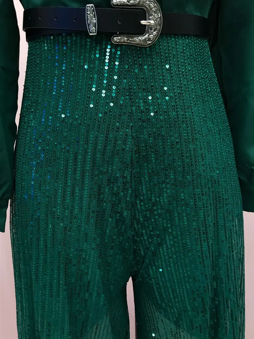 jumpsuit Women Spring Autumn, High-end V-neck Long Sleeved Shirt, Elegant Temperament, Cinched Waist, Sequins, French Wide Legs
