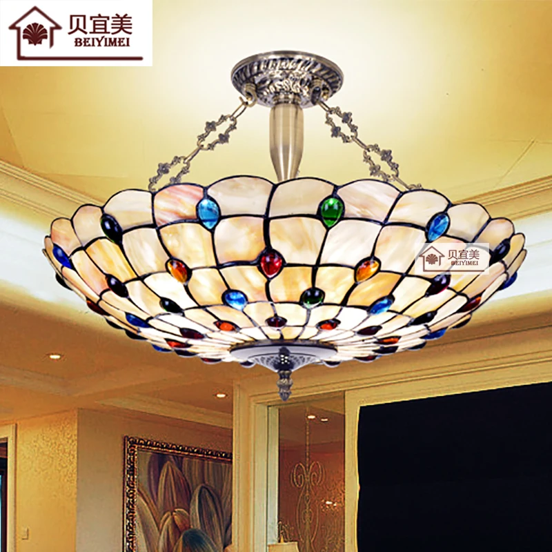 European Tiffany Ceiling Retro Shell Mediterranean Sea Pastoral Ceiling Lights Luminaria Teto Ceiling Lamps For Home Decoration