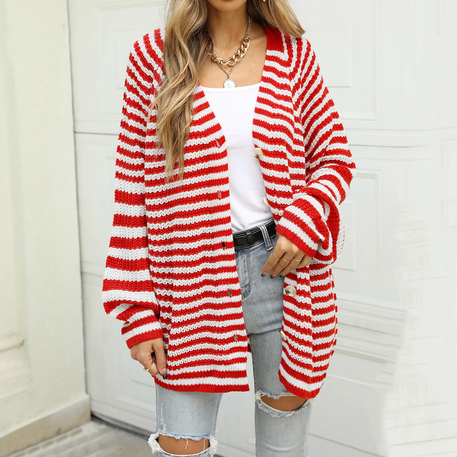 2025 New Women's V-neck Stripes Sweaters Long Sleeve Button Down Cardigan Casual Loose Knit Ribbed Sweater Coat