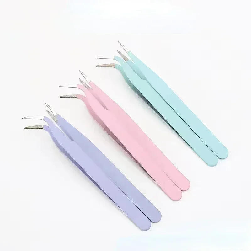 Stainless Steel Colored Straight + Curved Tweezers for Nail Art Sticker Rhinestones Picking Tool Eyelash Makeup DIY Tweezer Tool