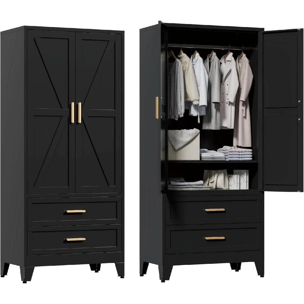 

71'' Farmhouse Metal Wardrobe Cabinet with Hanging Rod, 2 Barn Door Wardrobe Closet with Adjustable Shelves,2 Drawer
