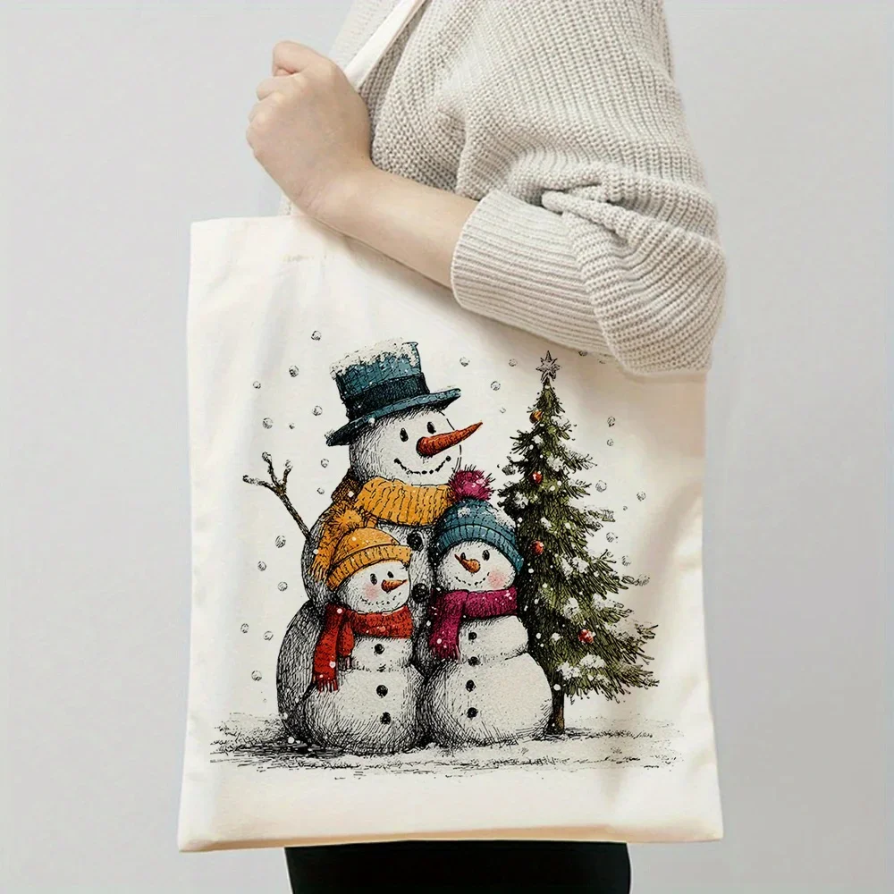 1pc, Reusable Grocery Tote Featuring a Snowman Family Design (35.05cm X 40.13cm), Perfect for Daily Shopping, Holiday Gifting, A
