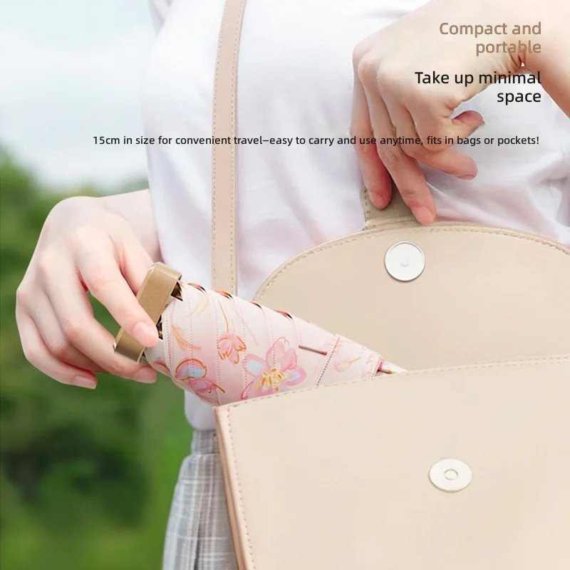 Ultra-Compact 6-Fold Folding Umbrella 6-Rib Dual-Rib Golden Frame UV Protection Color Glue Coated Floral Print Portable Sun & Ra