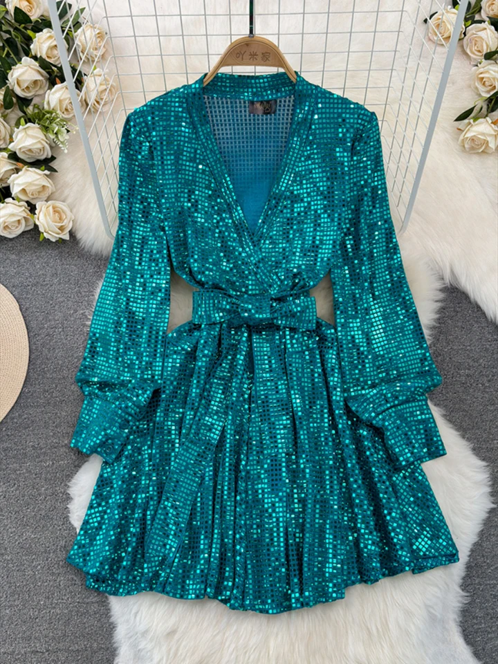 Sexy Sequin Mini Prom Dress Simple V-Neck A-Line Belt Full Sleeve Above  Knee Halloween Party Es Sequined Date Night - AliExpress