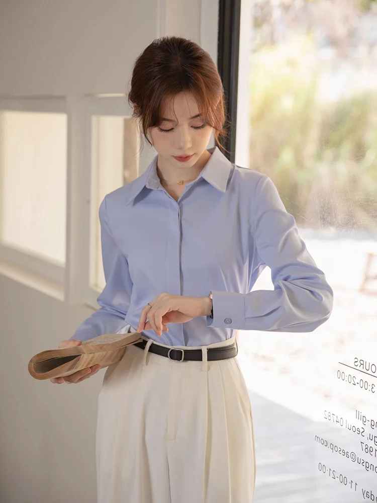 가을 겨울 티엔드 블루 여성용 롱 셔츠 전문가용 주름 방지 K 버튼 기본 셔츠 출퇴근 작업복