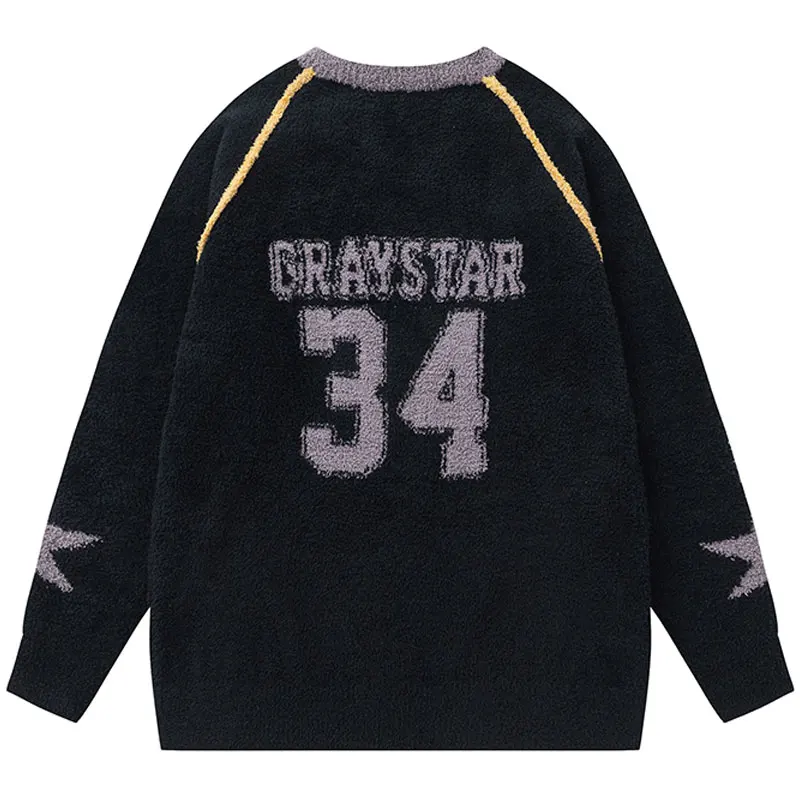 Vintage Sweater Y2K Knitted Star Racing Patchwork Jumper Streetwear Hip Hop Harajuku Casual V-Neck Long Sleeve Pullover Sweaters