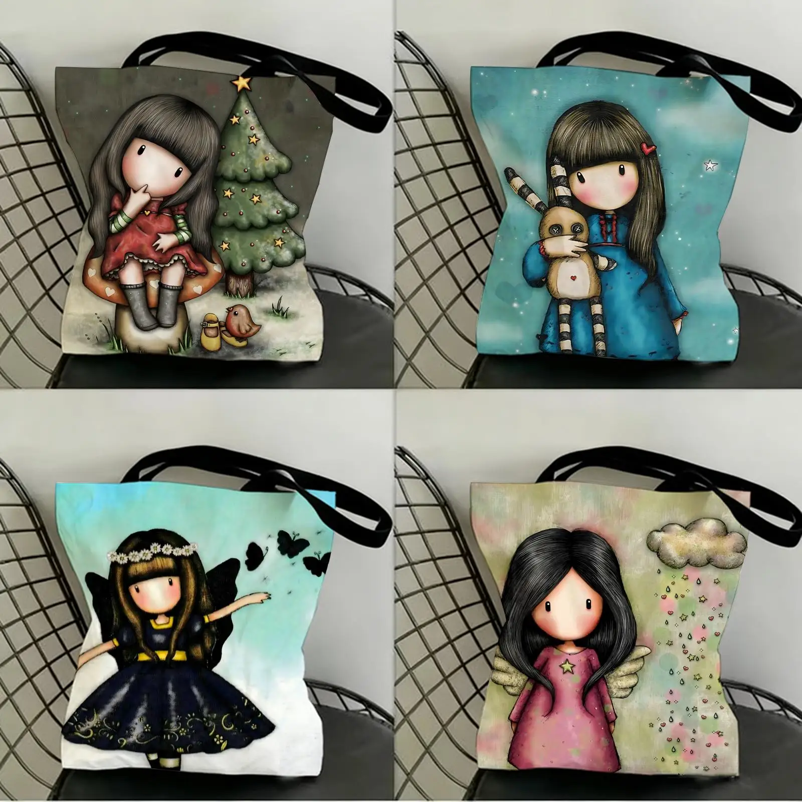 

Cartoon S-Santoro Gorjuss Storage Bags Canvas Double-Sided Print Fashion Shoulder Tote Shopping Bag Gift Eco Handbags