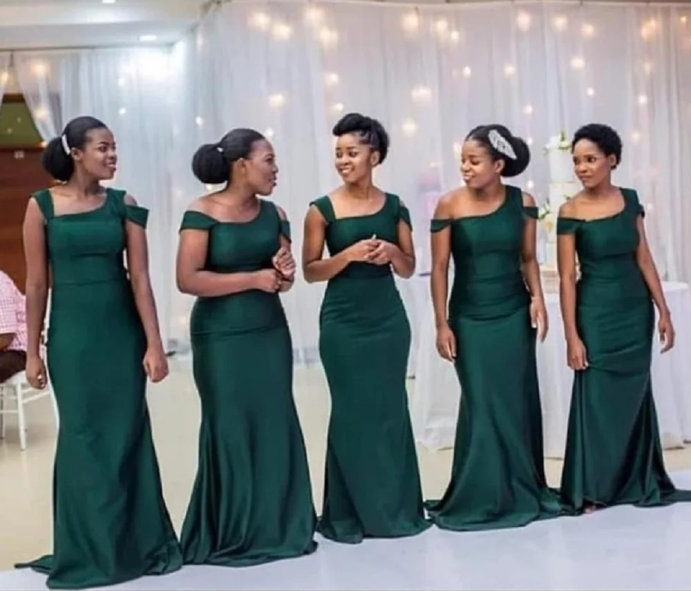 Women's Satin Bridesmaid Dress Green Mermaid Wedding Guest Dress with Adjustable Shoulder Straps Sweet Train Dress Customized