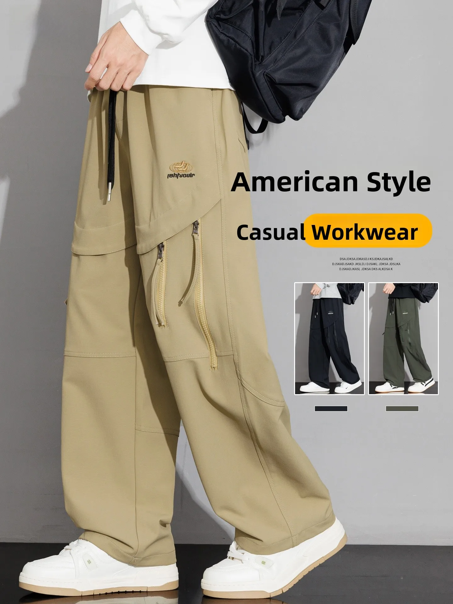 

New 2026 Men's Casual Trousers Spring Loose Fit American Style Workwear Sport Pants Straight Leg Pocket mid Waist Polyester S...
