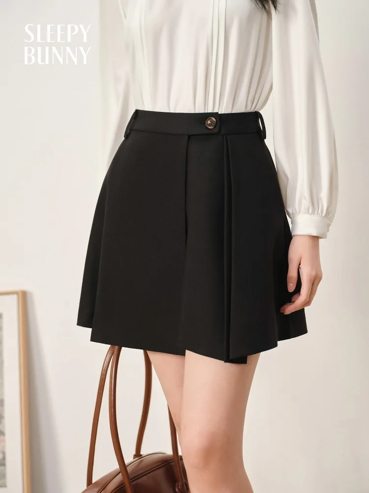 Elegant High Waist Pleated Skirt for Women Black A-Line Mini Skirt Button Detail Slimming Office Wear Fall Daily Casual Outfits