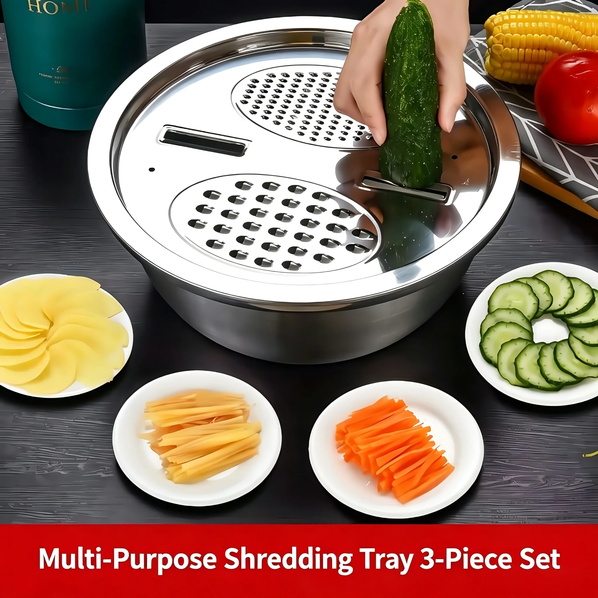 3-Piece Stainless Steel Multifunctional Strainer, and Mixing Bowl for Washing and Slicing Fruits, Vegetables