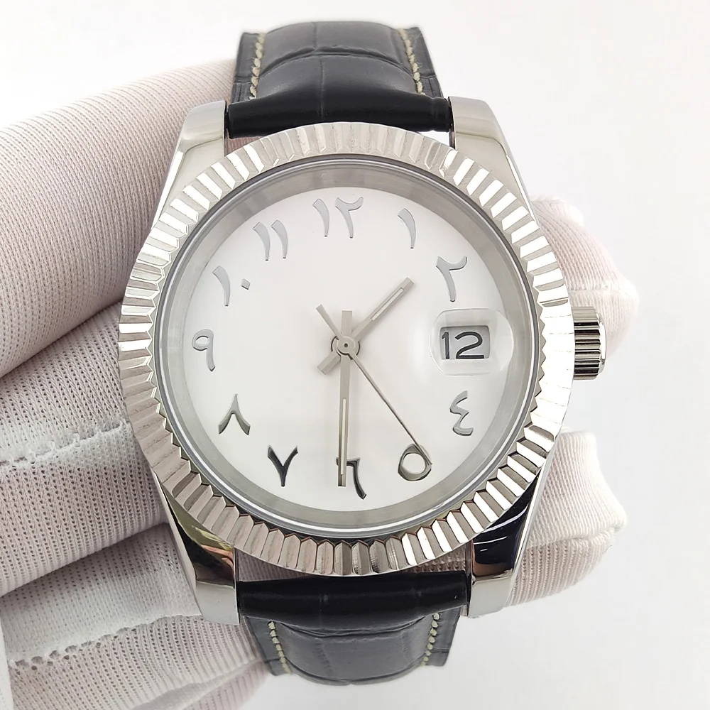 36mm/39mm NH35 Watch Silver Arabic Numeral Dial Watch Sapphire Glass Waterproof Leather Strap NH35 Movement Watch Custom Logo