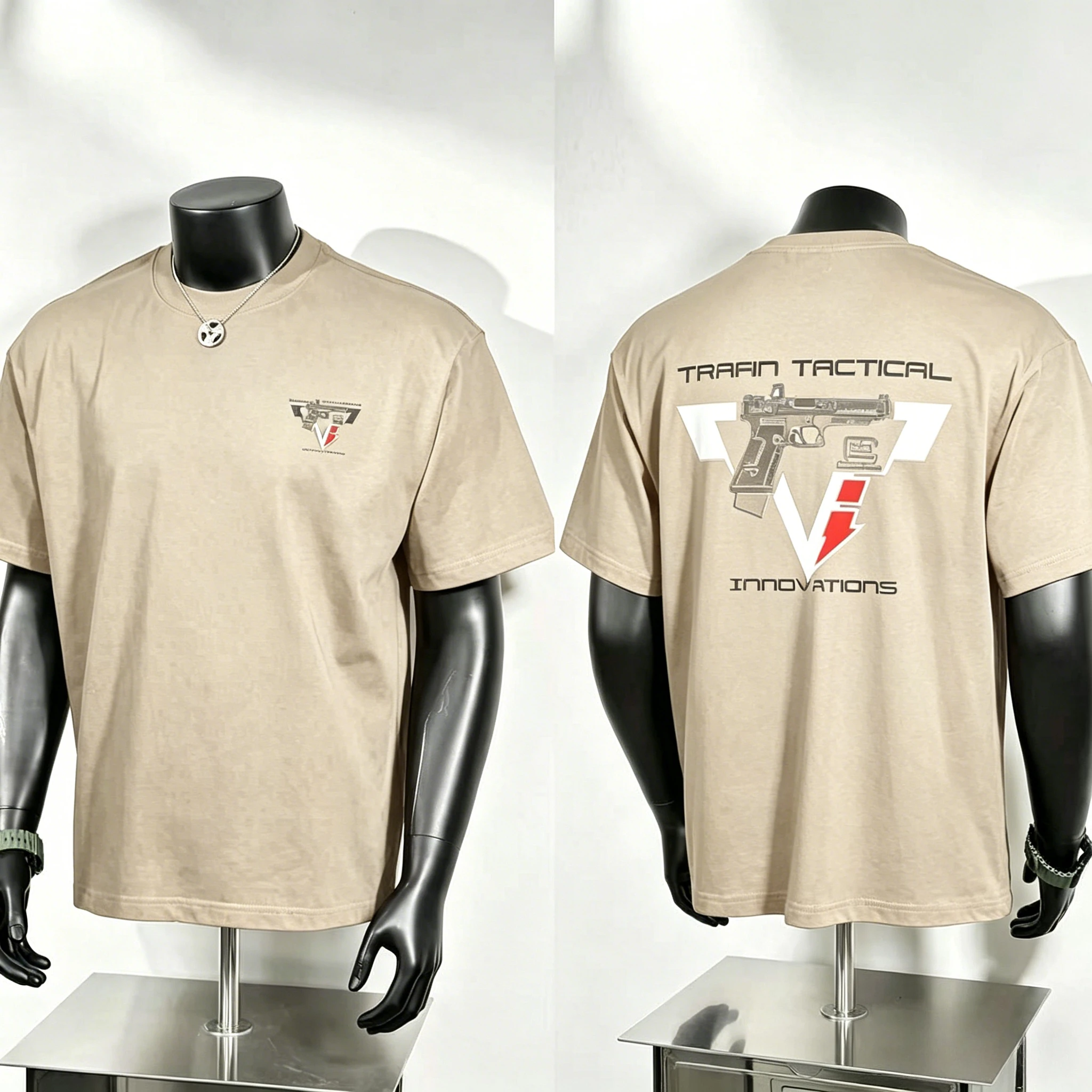Handgun Logo Print T Shirt, Tiny Pistol Geometric Badge on Chest and Oversized Trrain Tactical Innovations Triangle V Graphic