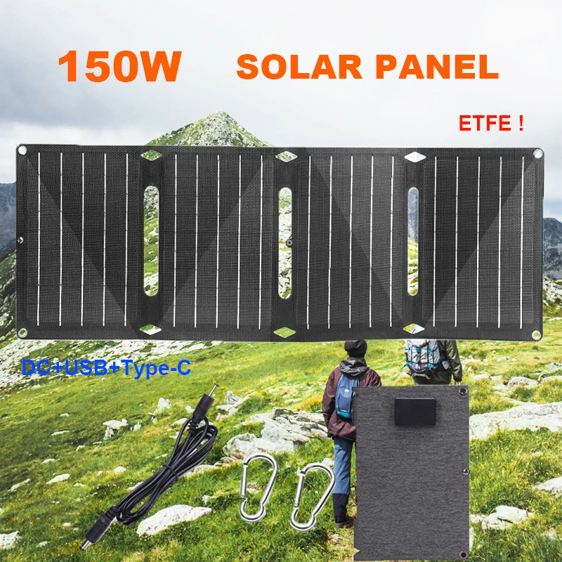 150W Folding Solar Panel ETFE Solar Battery Charger USB+DC+Type-C for Laptop Mobile Phone Power Station Outdoor Travel Camping