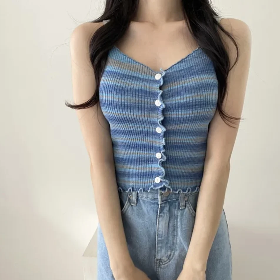 Summer 2026 Chic Rainbow Knitted Tank Top Vacation Outdoor Wear Short Slim Fit Cotton Simulation Vest Women's Fashion