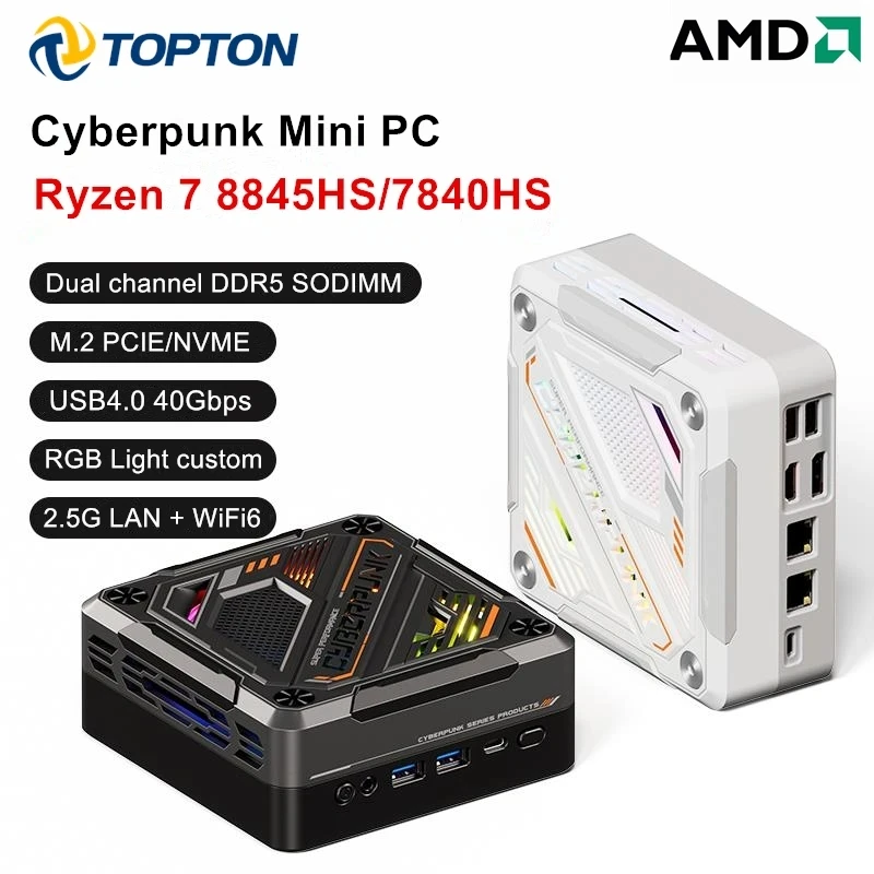 

TOPTON Cyberpunk Mini Computer PC AMD Ryzen 7 8845HS 7840HS 7735HS RGB Light DDR5 2.5G LAN USB4.0 Mini Gamer PC 8K NUC WiFi6