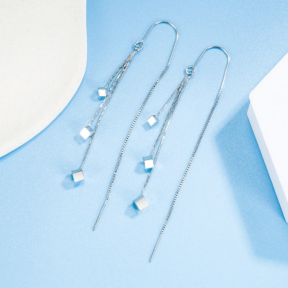 925 Sterling Silver Simple Stylish Geometric Tassel Small Square Earrings Birthday Party Anniversary Gift